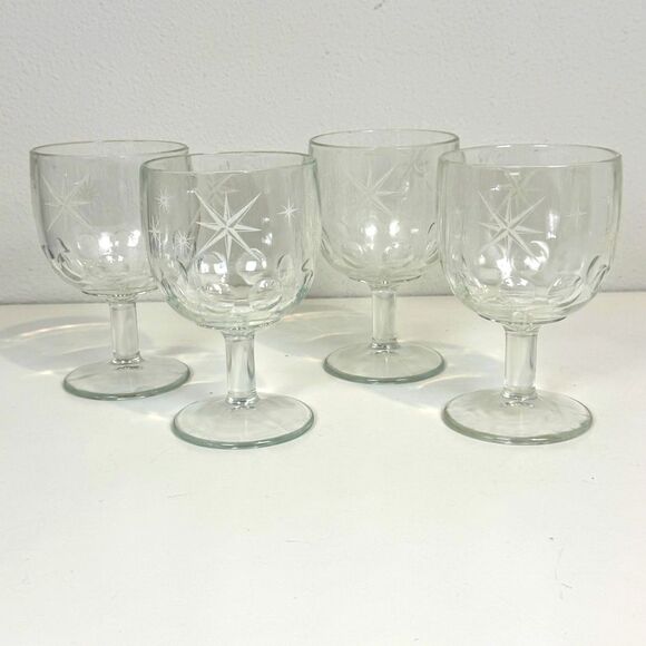 4 Vintage MCM Atomic Etched Starburst Clear Glass Goblets Set - Picture 1 of 5